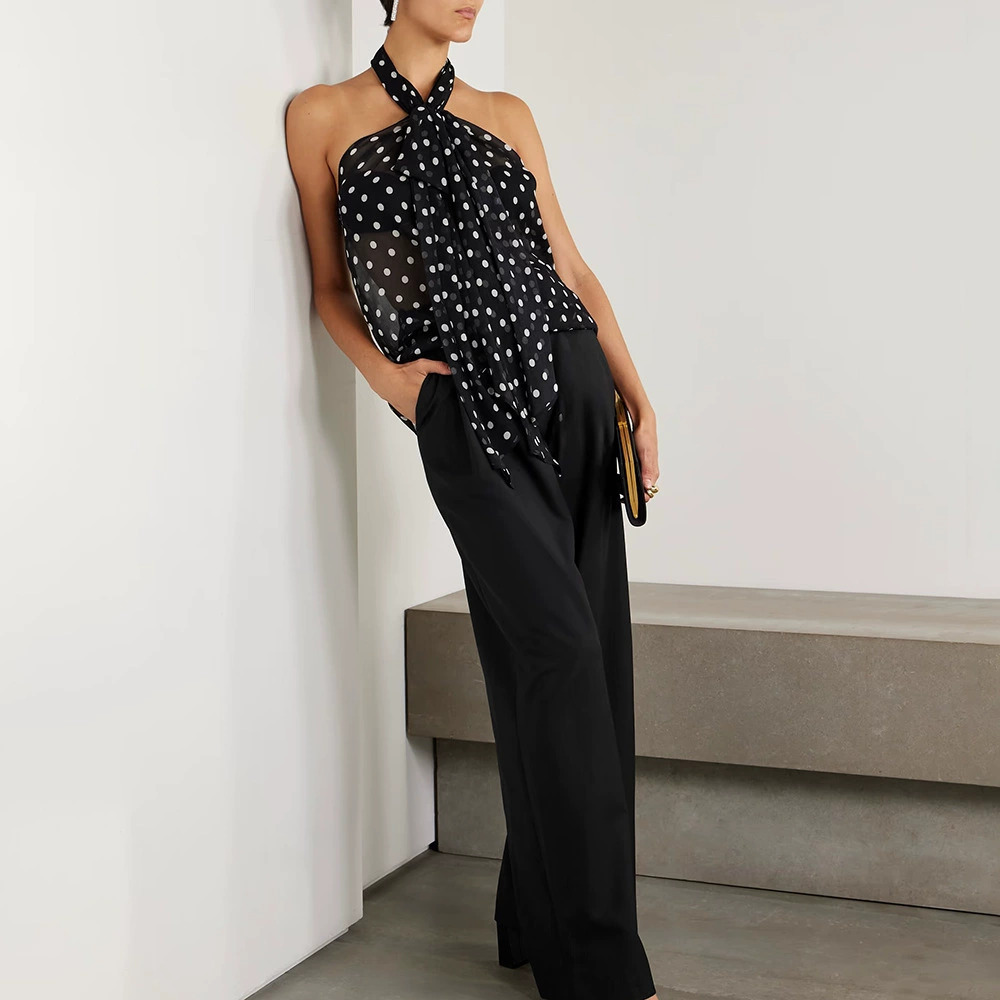 ZARA Vintage French Chiffon Polka Dot Backless Halter Neck Top Women Casual Chic